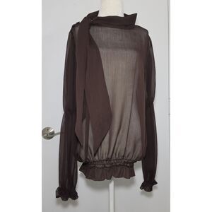 YUKA Brown Sheer Tie Neck Blouse Top Size S Long Puffy Sleeves Elastic Hem